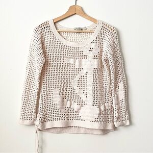 Hand Knit by Dollie Women's Open-Knit Crochet Sweater Size S Ivory Nautical Boho